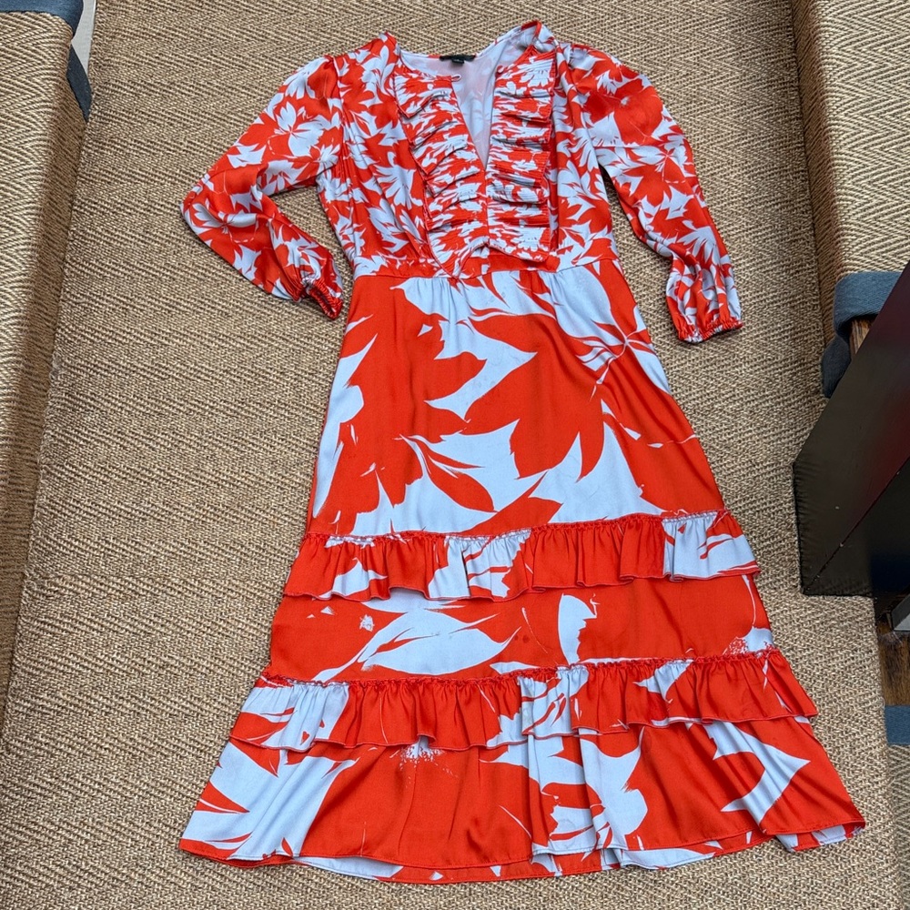 J. Crew Red and White Floral Ruffle Maxi Dress